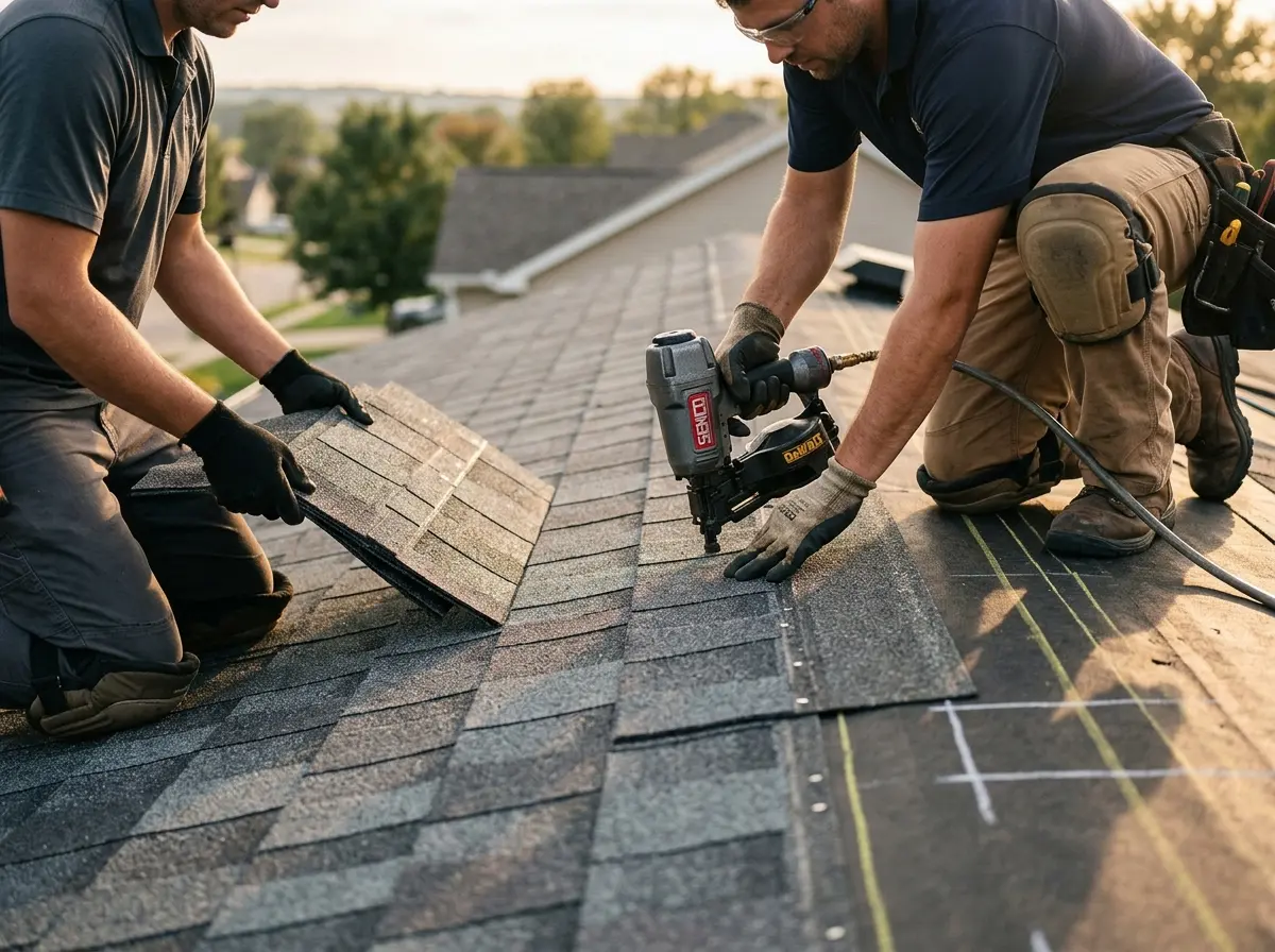 Professional roofer working on a residential roof in Red Oak